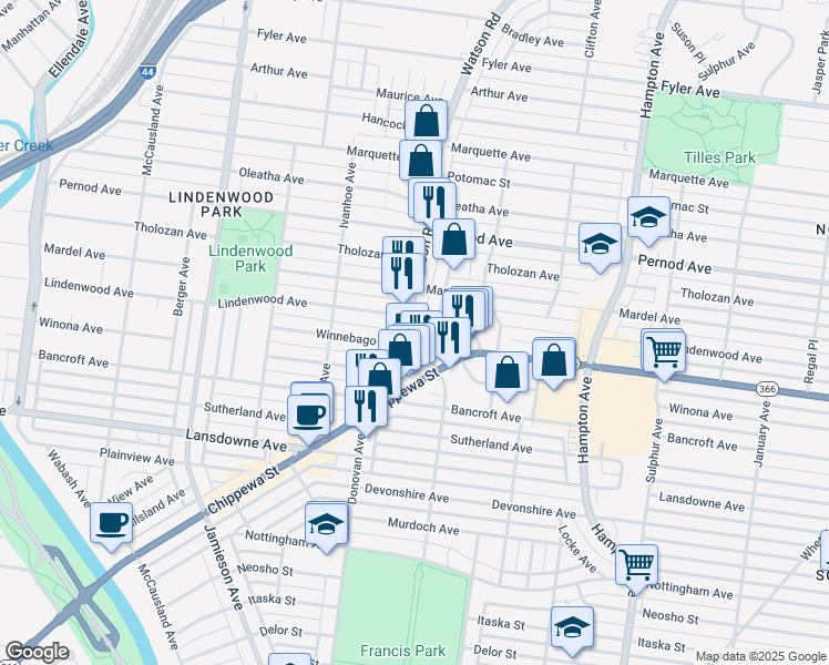 map of restaurants, bars, coffee shops, grocery stores, and more near 3914 Watson Road in St. Louis