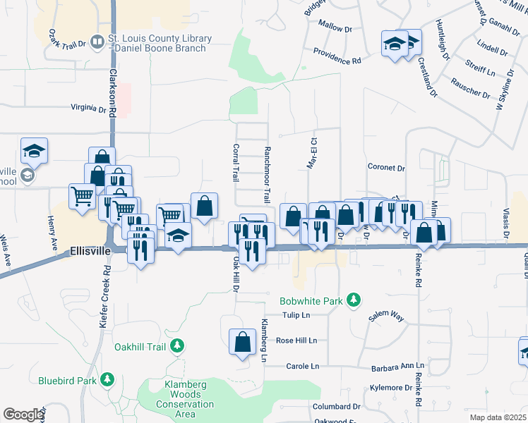 map of restaurants, bars, coffee shops, grocery stores, and more near 101 Ranchmoor Trail in Ellisville