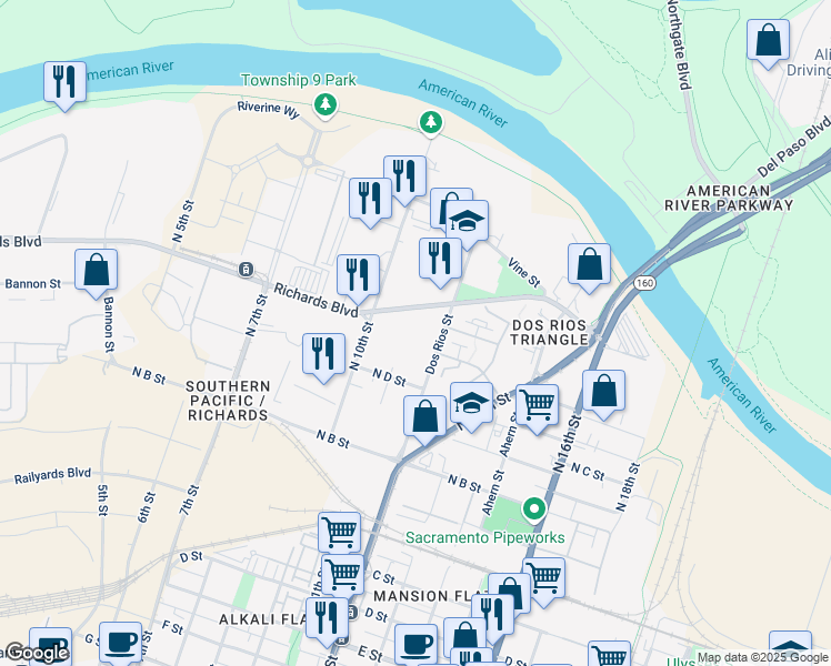 map of restaurants, bars, coffee shops, grocery stores, and more near 1100 Richards Boulevard in Sacramento