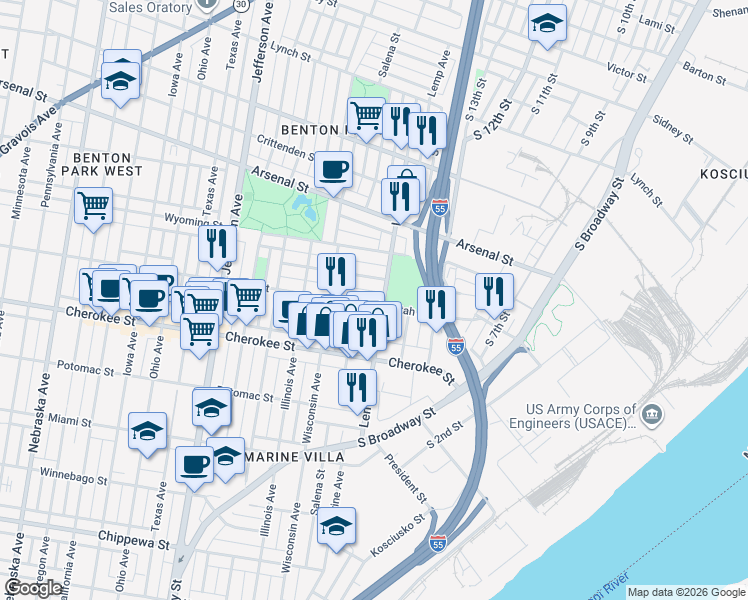 map of restaurants, bars, coffee shops, grocery stores, and more near 1935 Utah Street in St. Louis