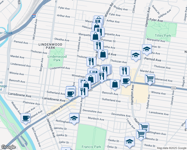 map of restaurants, bars, coffee shops, grocery stores, and more near 3914 Watson Road in St. Louis