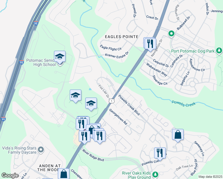 map of restaurants, bars, coffee shops, grocery stores, and more near 2903 Fox Lair Drive in Woodbridge