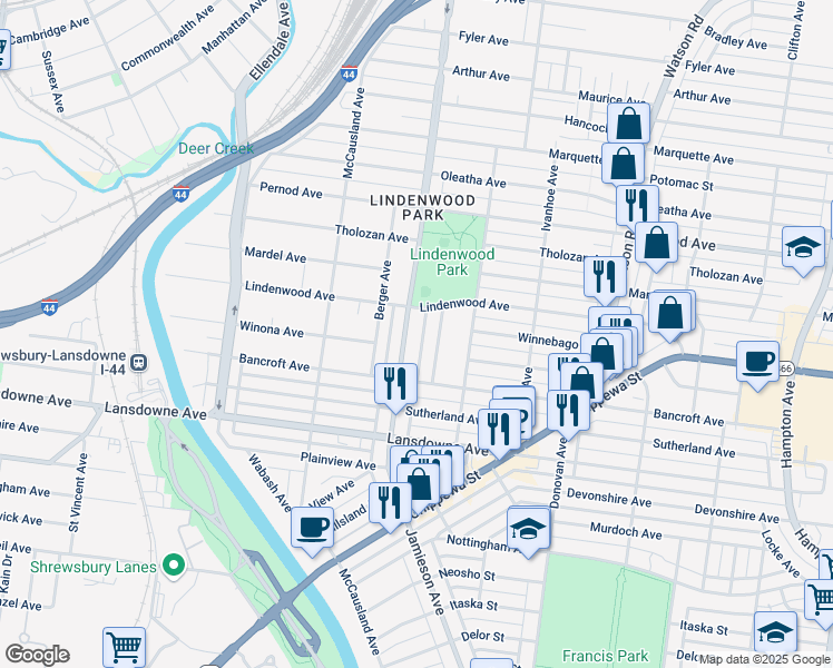 map of restaurants, bars, coffee shops, grocery stores, and more near in St. Louis