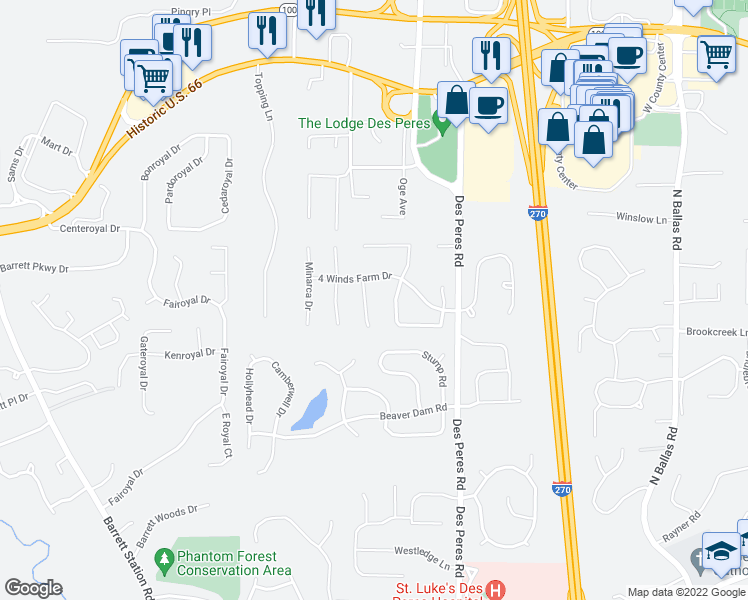 map of restaurants, bars, coffee shops, grocery stores, and more near 12876 4 Winds Farm Drive in Des Peres