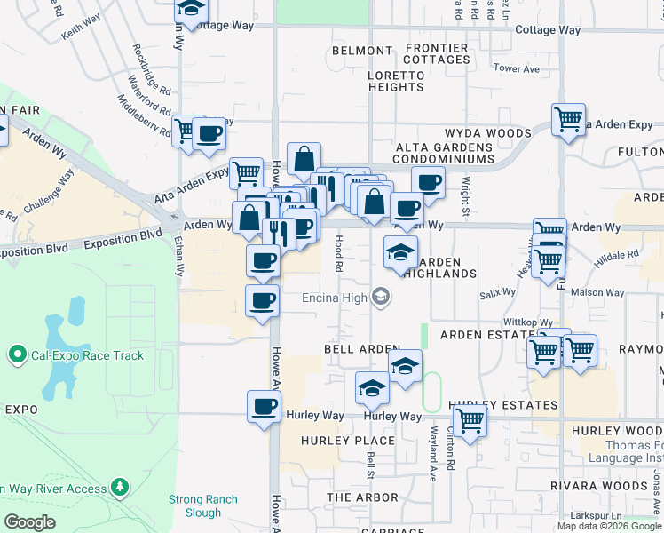 map of restaurants, bars, coffee shops, grocery stores, and more near 1601 Hood Road in Sacramento
