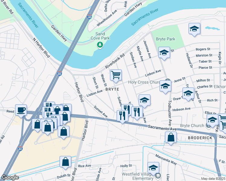 map of restaurants, bars, coffee shops, grocery stores, and more near 1624 Lisbon Avenue in West Sacramento