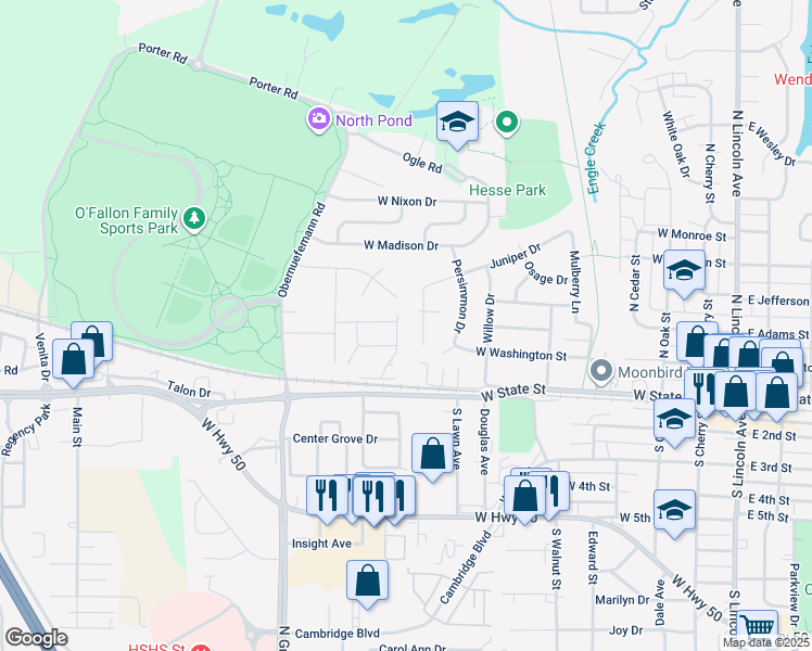 map of restaurants, bars, coffee shops, grocery stores, and more near 810 Juniper Drive in O'Fallon