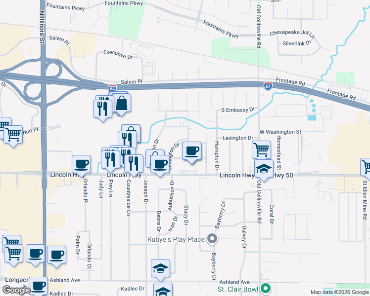 map of restaurants, bars, coffee shops, grocery stores, and more near 24 Lexington Drive in Fairview Heights
