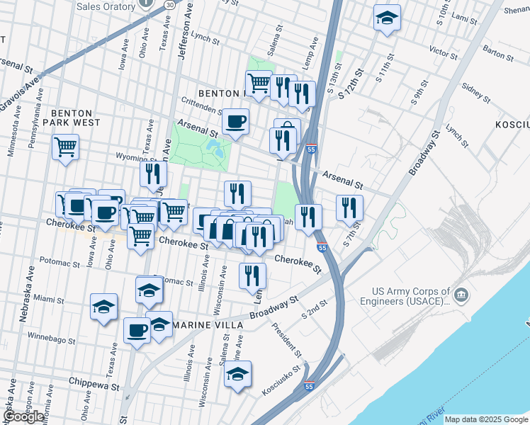map of restaurants, bars, coffee shops, grocery stores, and more near 1935 Utah Street in St. Louis