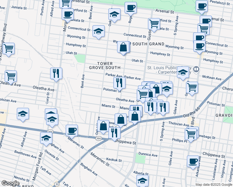map of restaurants, bars, coffee shops, grocery stores, and more near 4033 Potomac Street in St. Louis