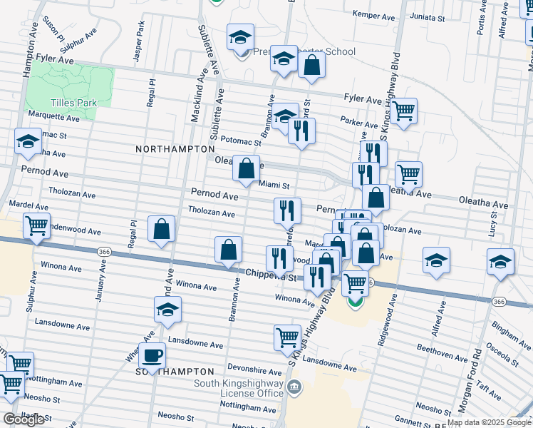 map of restaurants, bars, coffee shops, grocery stores, and more near 5044 Pernod Avenue in St. Louis