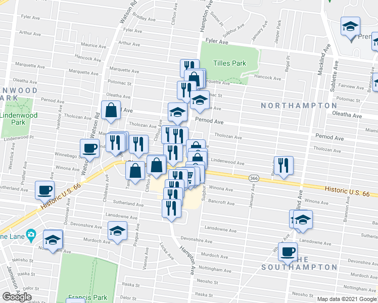 map of restaurants, bars, coffee shops, grocery stores, and more near 5831 Mardel Avenue in St. Louis