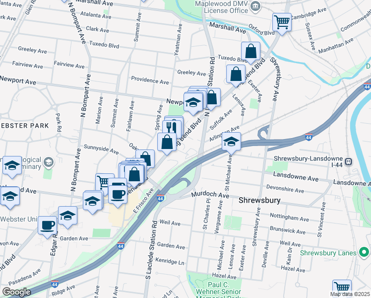map of restaurants, bars, coffee shops, grocery stores, and more near 7864 Big Bend Boulevard in Webster Groves