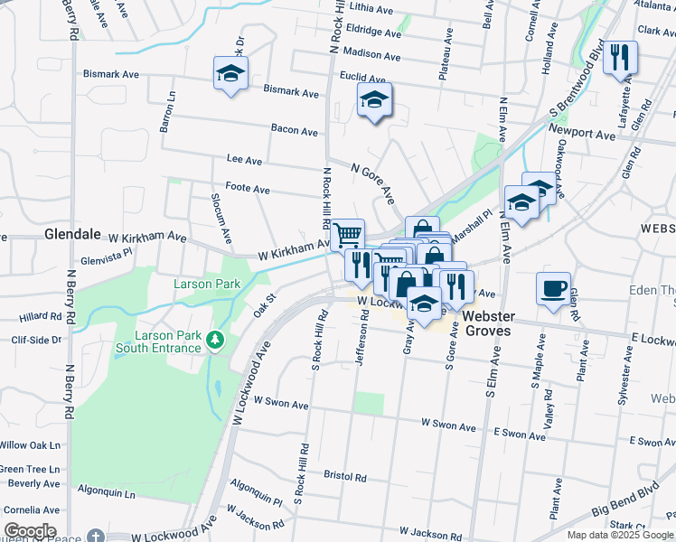 map of restaurants, bars, coffee shops, grocery stores, and more near in Webster Groves