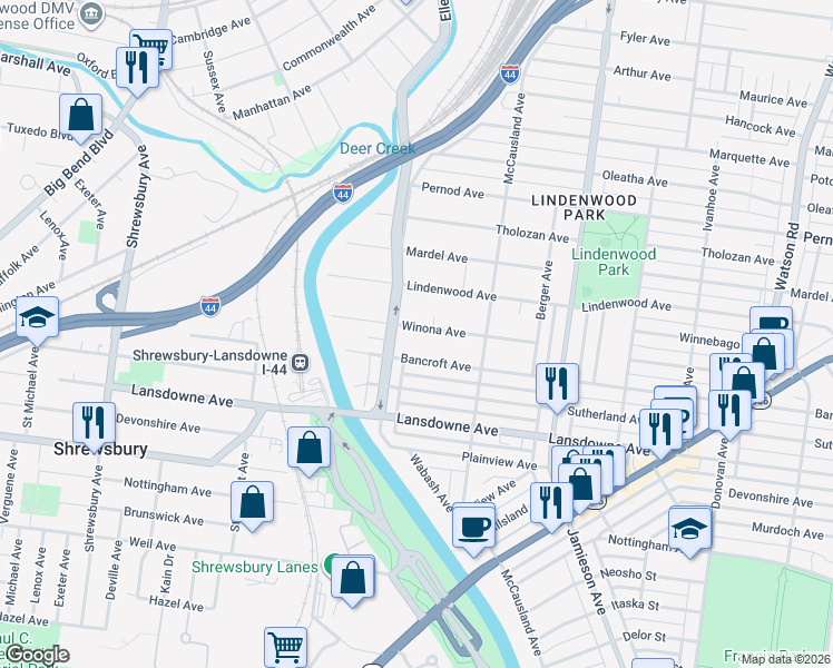 map of restaurants, bars, coffee shops, grocery stores, and more near 7071 Winona Avenue in St. Louis