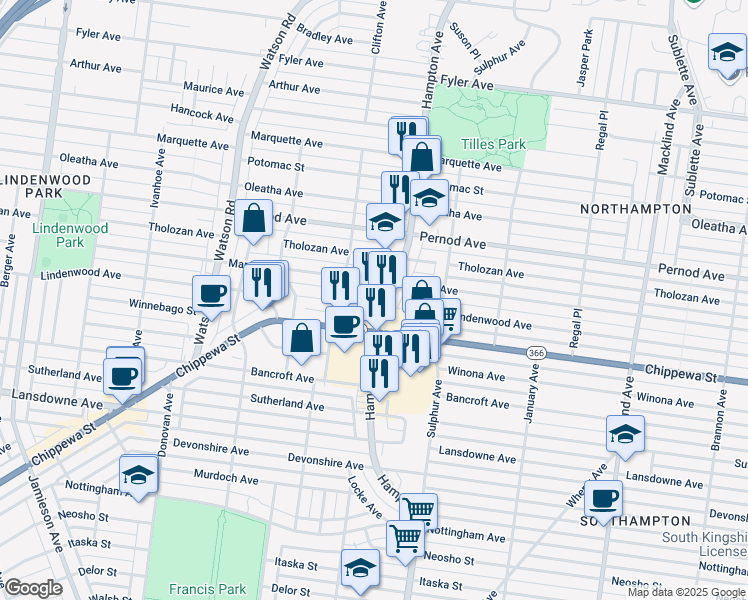 map of restaurants, bars, coffee shops, grocery stores, and more near 3801 Hampton Avenue in St. Louis