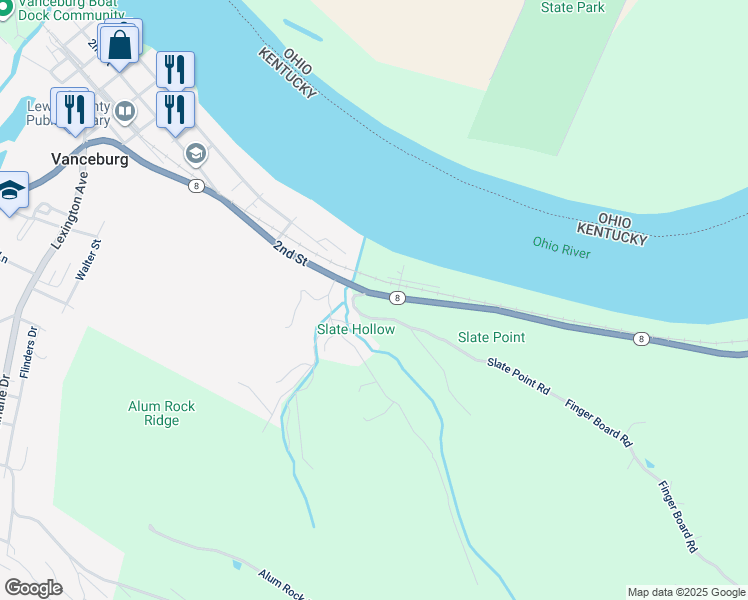 map of restaurants, bars, coffee shops, grocery stores, and more near 766 Kentucky 8 in Vanceburg