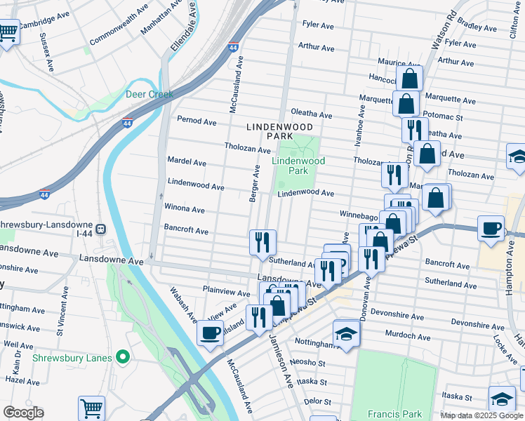 map of restaurants, bars, coffee shops, grocery stores, and more near 3923 Jamieson Avenue in St. Louis