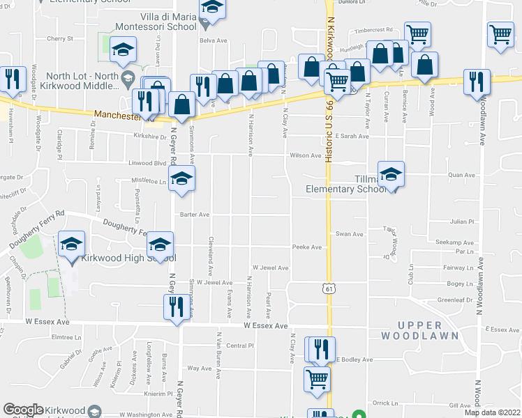 map of restaurants, bars, coffee shops, grocery stores, and more near 912 North Harrison Avenue in Kirkwood