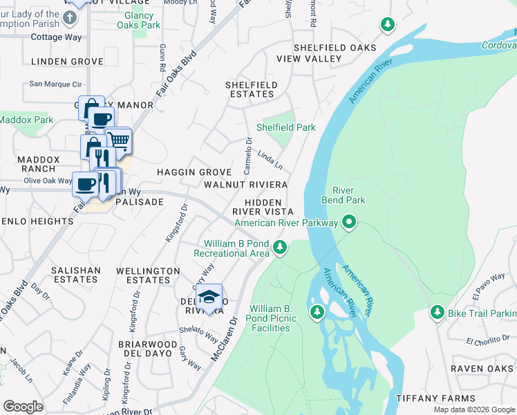 map of restaurants, bars, coffee shops, grocery stores, and more near 3507 Susan Way in Carmichael