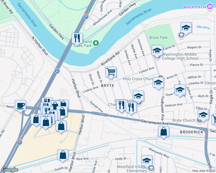 map of restaurants, bars, coffee shops, grocery stores, and more near 1624 Lisbon Avenue in West Sacramento