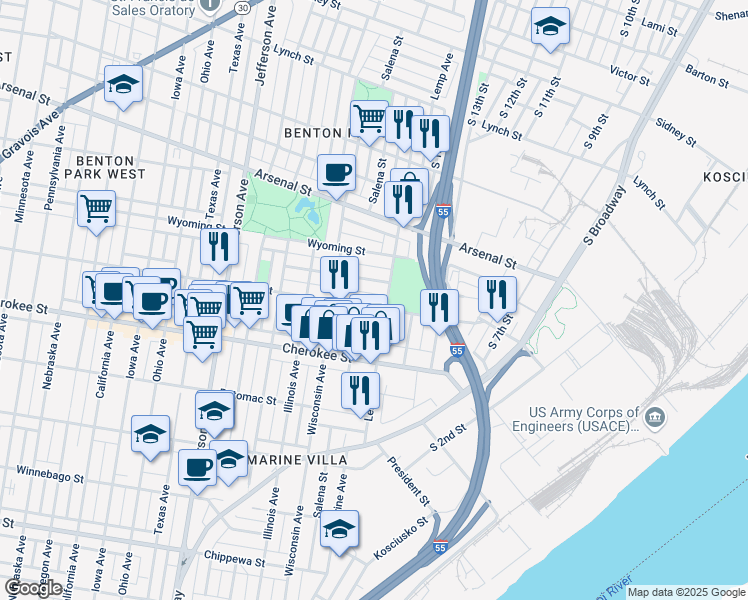 map of restaurants, bars, coffee shops, grocery stores, and more near 1935 Utah Street in St. Louis