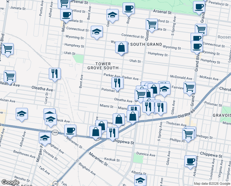 map of restaurants, bars, coffee shops, grocery stores, and more near 4033 Potomac Street in St. Louis