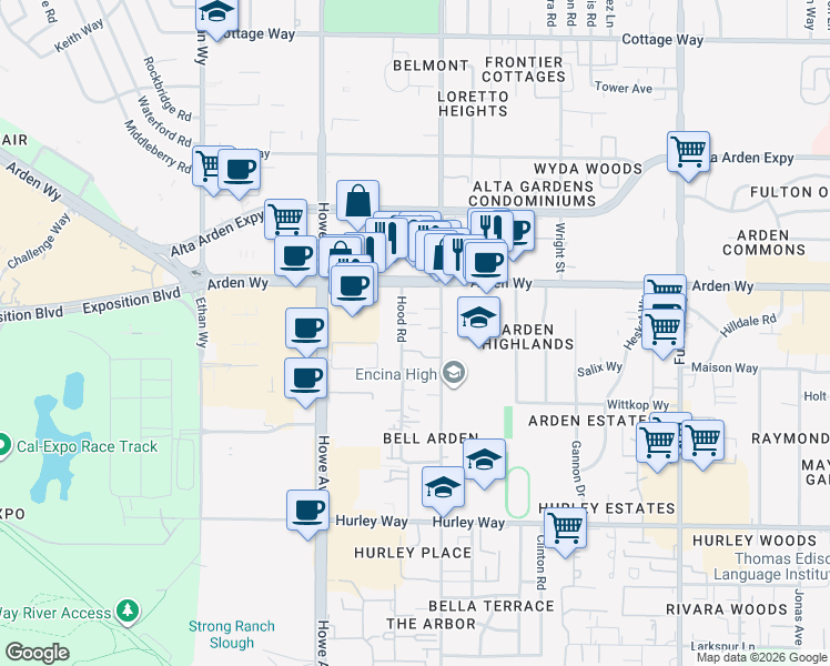 map of restaurants, bars, coffee shops, grocery stores, and more near 1625 Bell Street in Sacramento