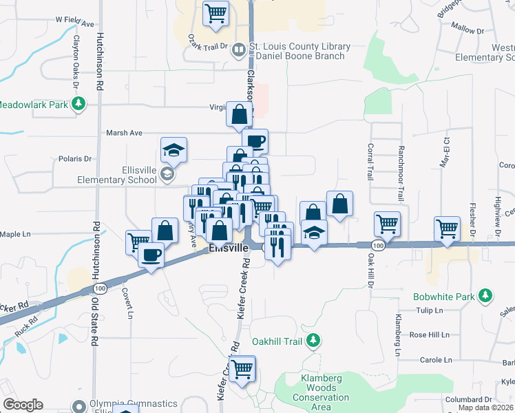map of restaurants, bars, coffee shops, grocery stores, and more near 41 Clarkson Court in Ellisville