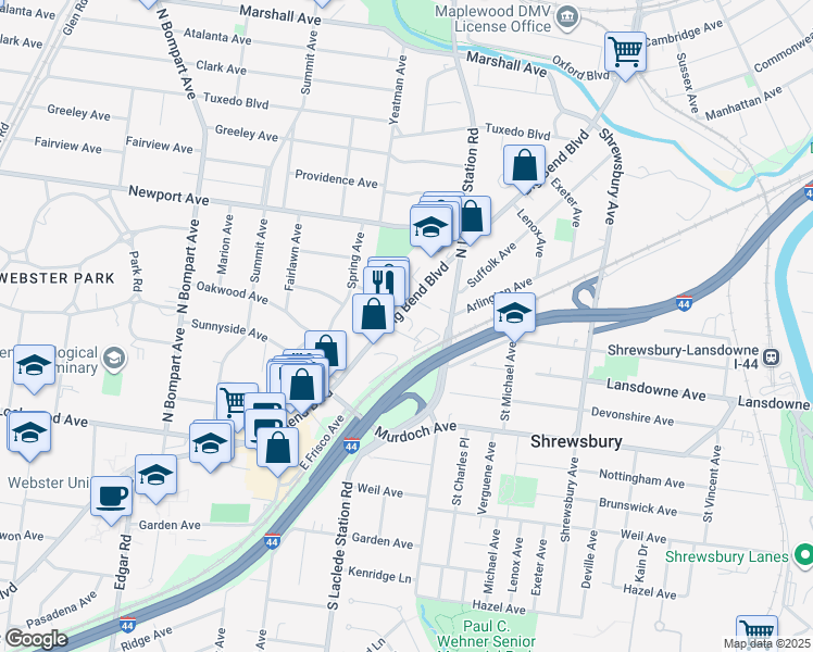 map of restaurants, bars, coffee shops, grocery stores, and more near 751 Chamberlain Place in Webster Groves