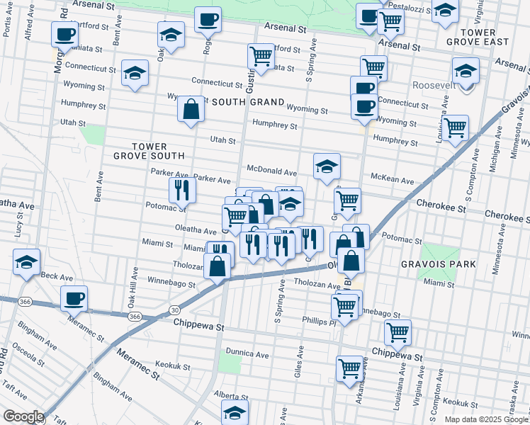 map of restaurants, bars, coffee shops, grocery stores, and more near 3844 Fairview Avenue in St. Louis