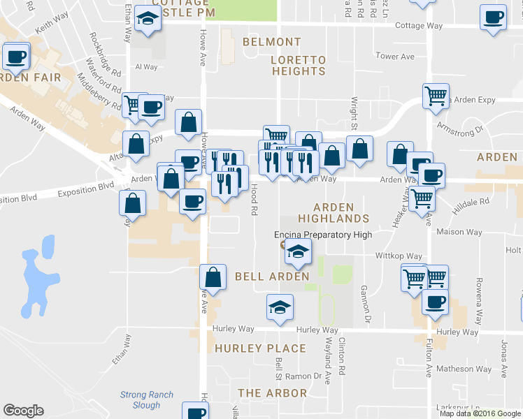map of restaurants, bars, coffee shops, grocery stores, and more near 1625 Bell Street in Sacramento