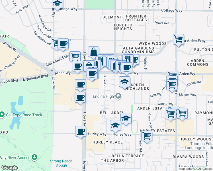 map of restaurants, bars, coffee shops, grocery stores, and more near 1625 Bell Street in Sacramento
