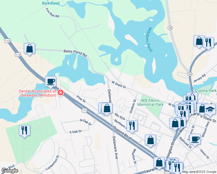 map of restaurants, bars, coffee shops, grocery stores, and more near 25 Mill Landing East in Millsboro