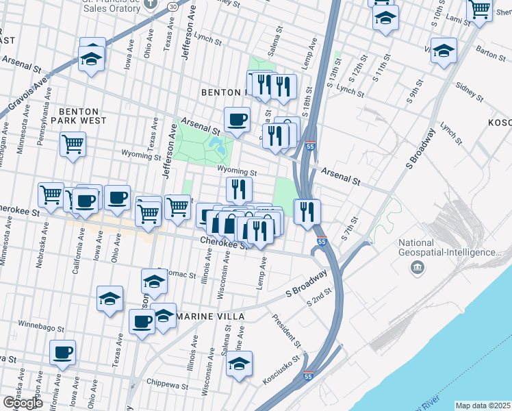 map of restaurants, bars, coffee shops, grocery stores, and more near 1935 Utah Street in St. Louis