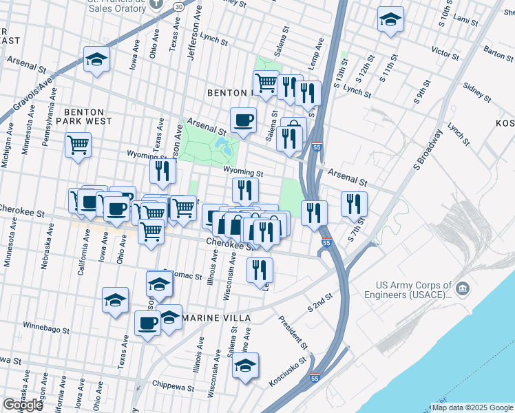 map of restaurants, bars, coffee shops, grocery stores, and more near 1935 Utah Street in St. Louis