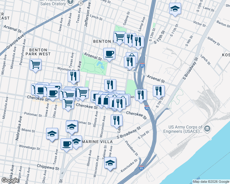 map of restaurants, bars, coffee shops, grocery stores, and more near 1935 Utah Street in St. Louis
