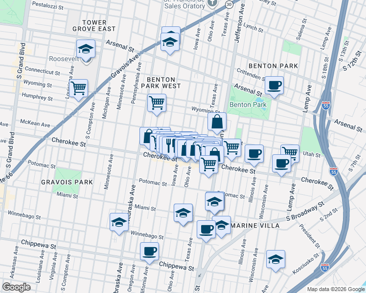 map of restaurants, bars, coffee shops, grocery stores, and more near 2708 Utah Street in St. Louis