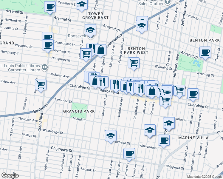 map of restaurants, bars, coffee shops, grocery stores, and more near 3344 Minnesota Avenue in St. Louis