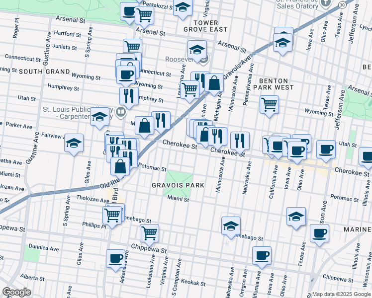 map of restaurants, bars, coffee shops, grocery stores, and more near 3311 Cherokee Street in St. Louis