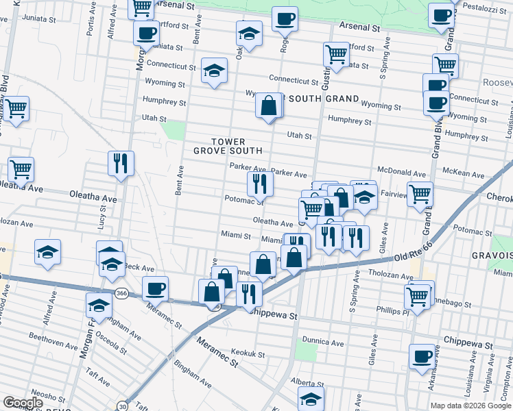map of restaurants, bars, coffee shops, grocery stores, and more near 4033 Potomac Street in St. Louis