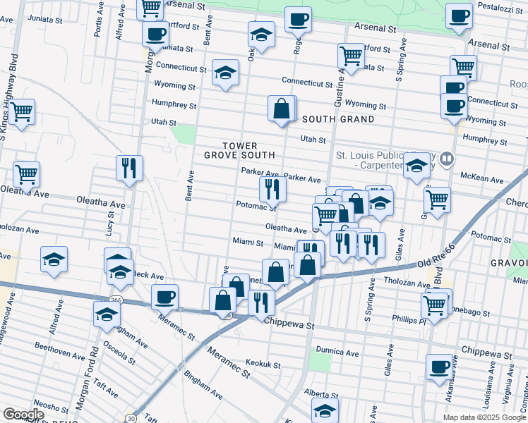 map of restaurants, bars, coffee shops, grocery stores, and more near 4033 Potomac Street in St. Louis