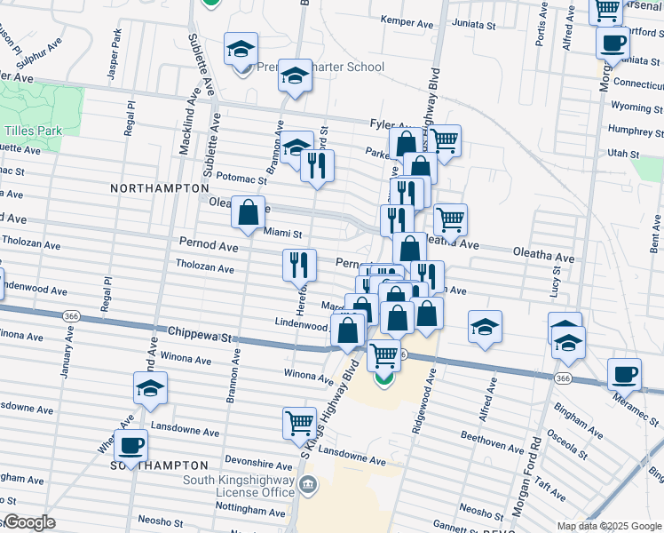 map of restaurants, bars, coffee shops, grocery stores, and more near 4963 Pernod Avenue in St. Louis