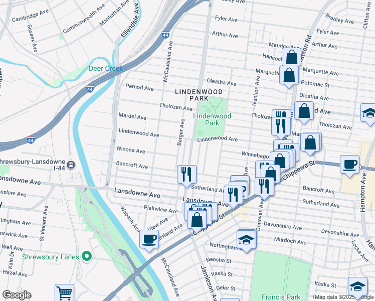 map of restaurants, bars, coffee shops, grocery stores, and more near 3908-3910 Jamieson Avenue in St. Louis