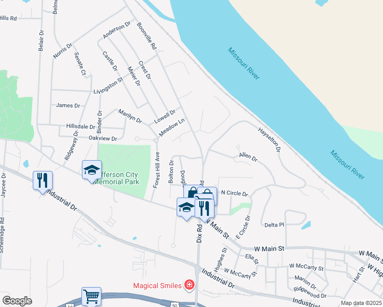 map of restaurants, bars, coffee shops, grocery stores, and more near 2009 Birch Drive in Jefferson City