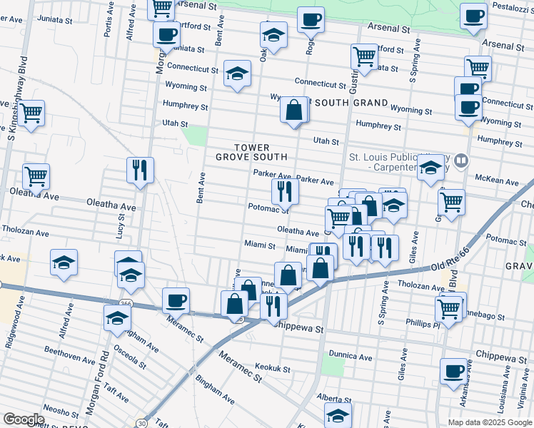 map of restaurants, bars, coffee shops, grocery stores, and more near 4033 Potomac Street in St. Louis