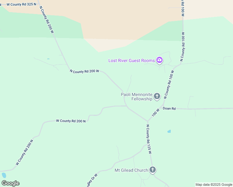 map of restaurants, bars, coffee shops, grocery stores, and more near 2506 North Co Road 200 West in Paoli