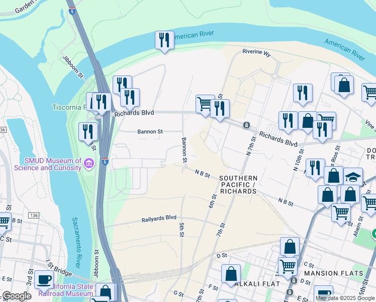 map of restaurants, bars, coffee shops, grocery stores, and more near 445 Bannon Street in Sacramento