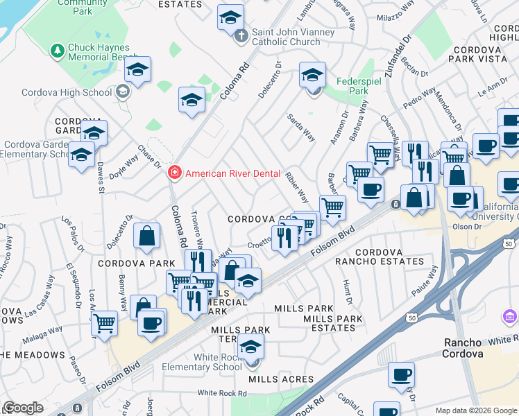 map of restaurants, bars, coffee shops, grocery stores, and more near 2617 Moretto Court in Rancho Cordova