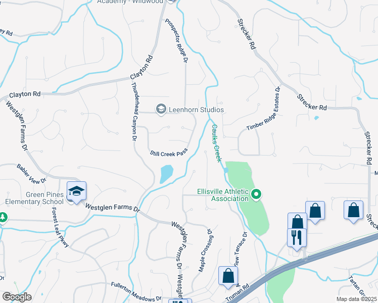 map of restaurants, bars, coffee shops, grocery stores, and more near 416 Still Creek Pass in Ballwin